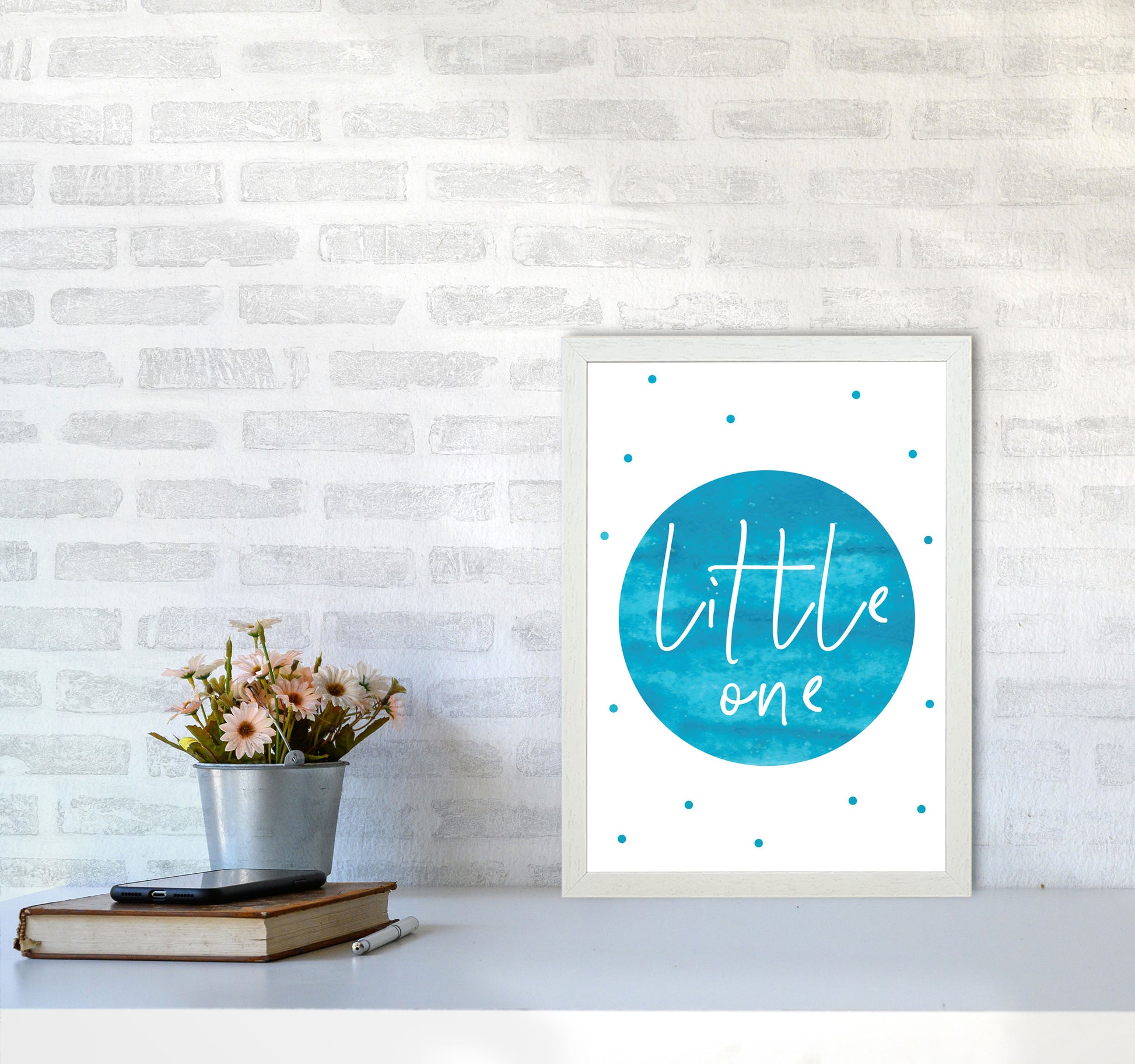 Little One Turquoise Watercolour Modern Print A3 Oak Frame