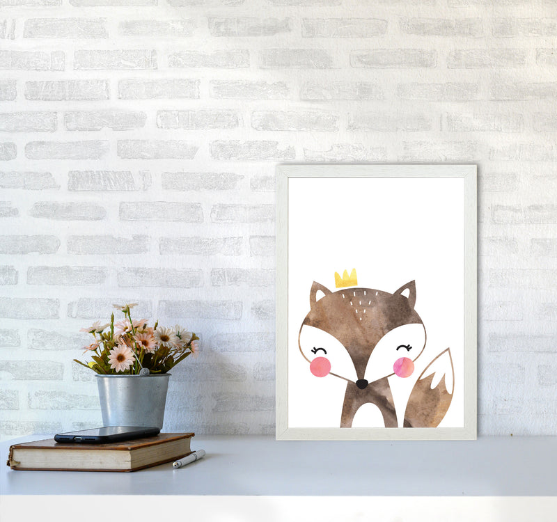 Scandi Brown Fox Watercolour Framed Nursey Wall Art Print A3 Oak Frame