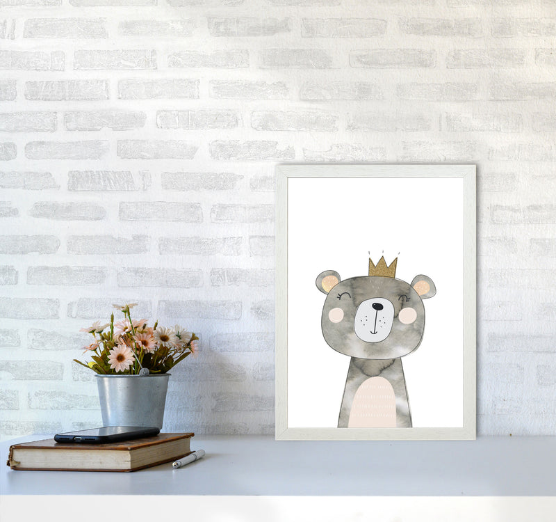 Scandi Grey Bear Watercolour Framed Nursey Wall Art Print A3 Oak Frame