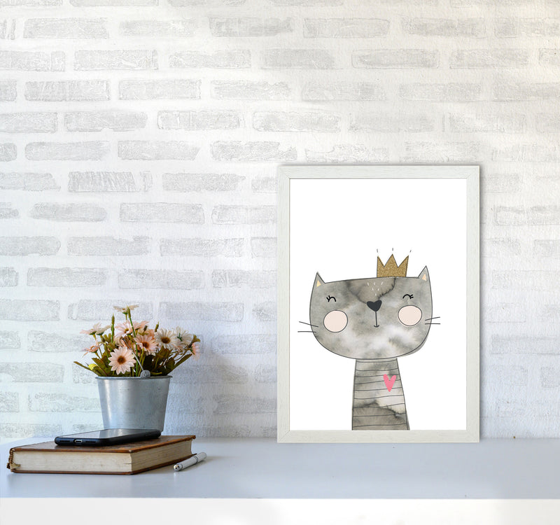 Scandi Grey Cat Watercolour Framed Nursey Wall Art Print A3 Oak Frame