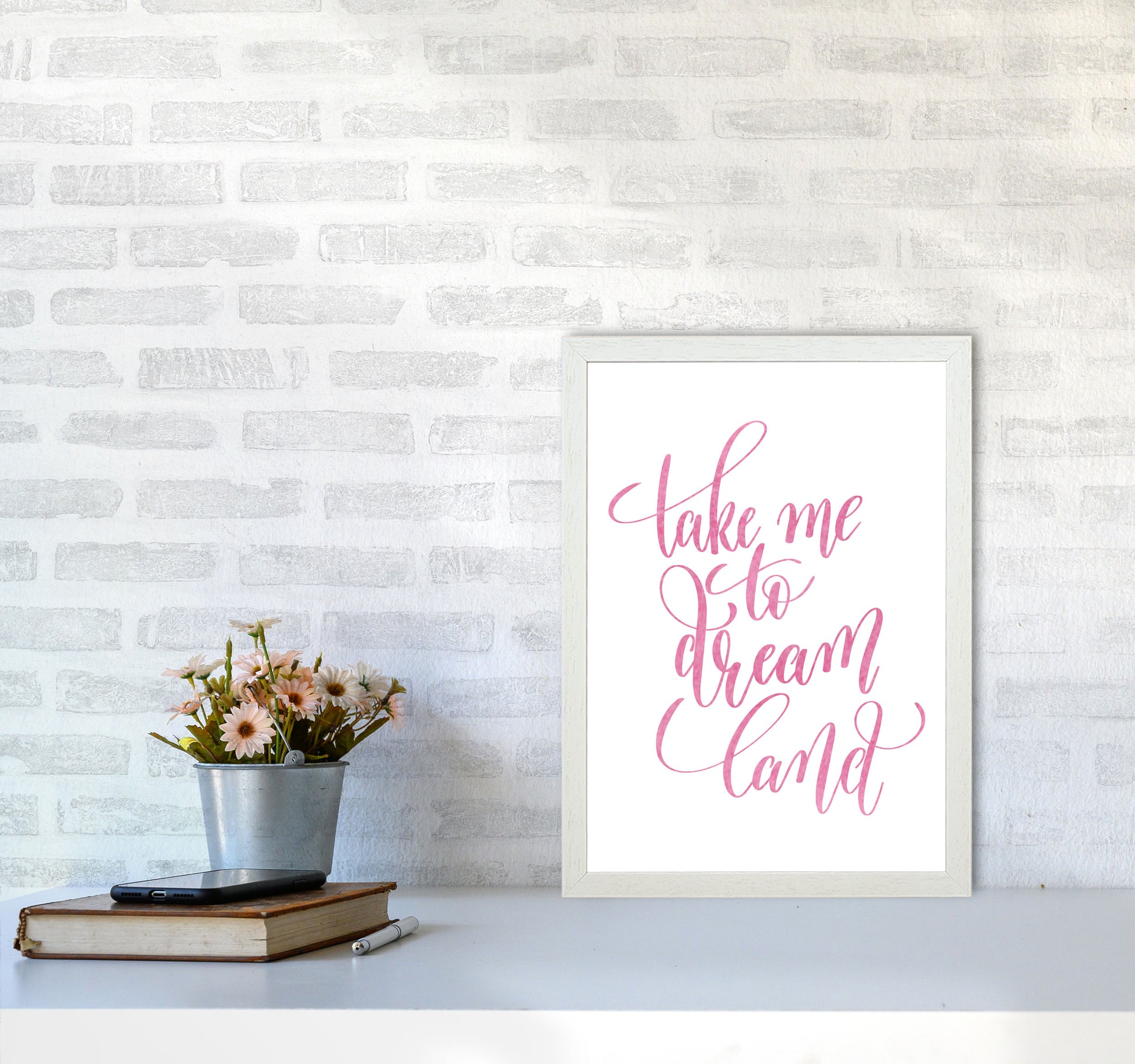 Take Me To Dreamland Pink Watercolour Modern Print A3 Oak Frame