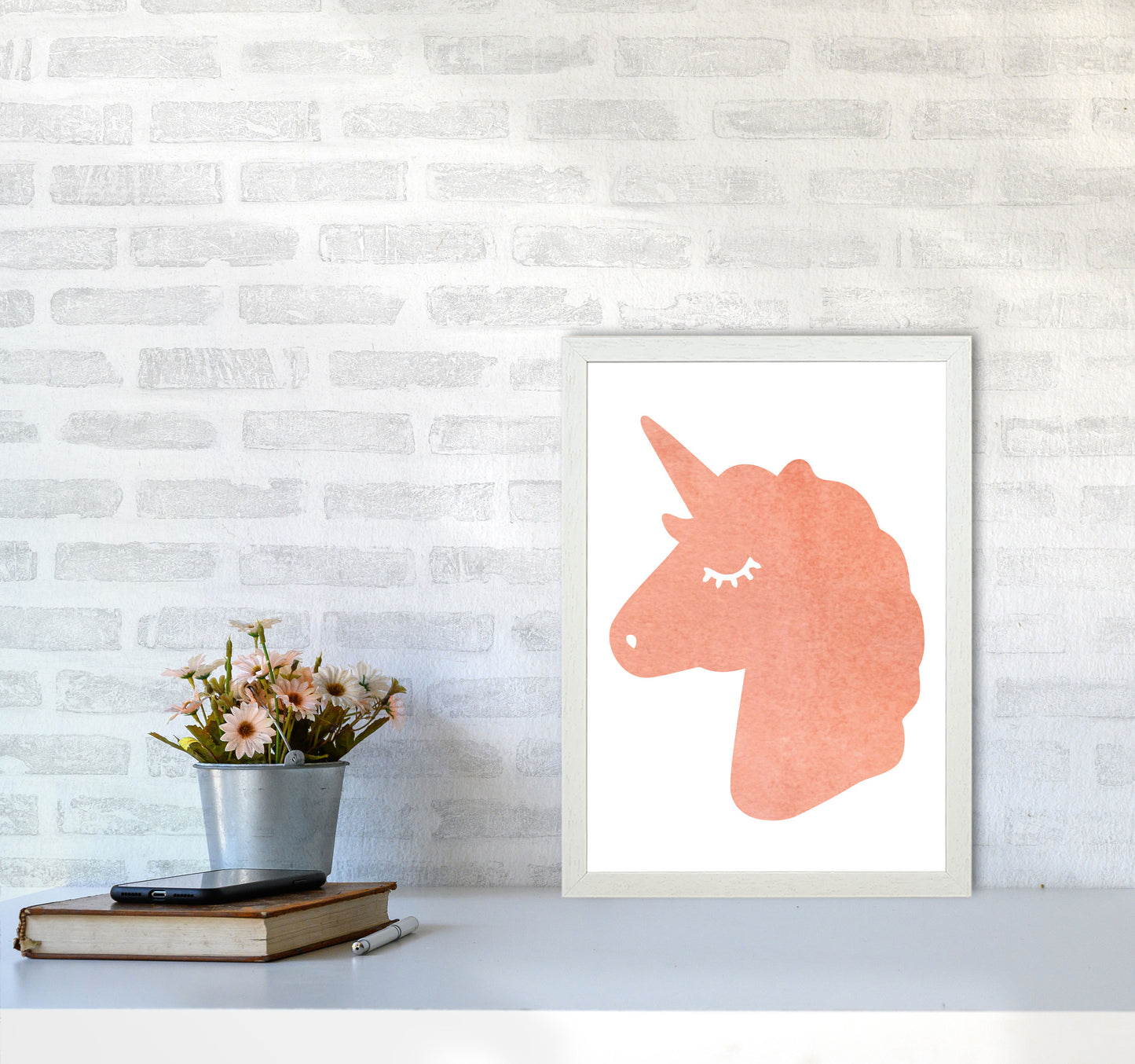 Unicorn Peach Silhouette Watercolour Modern Print A3 Oak Frame