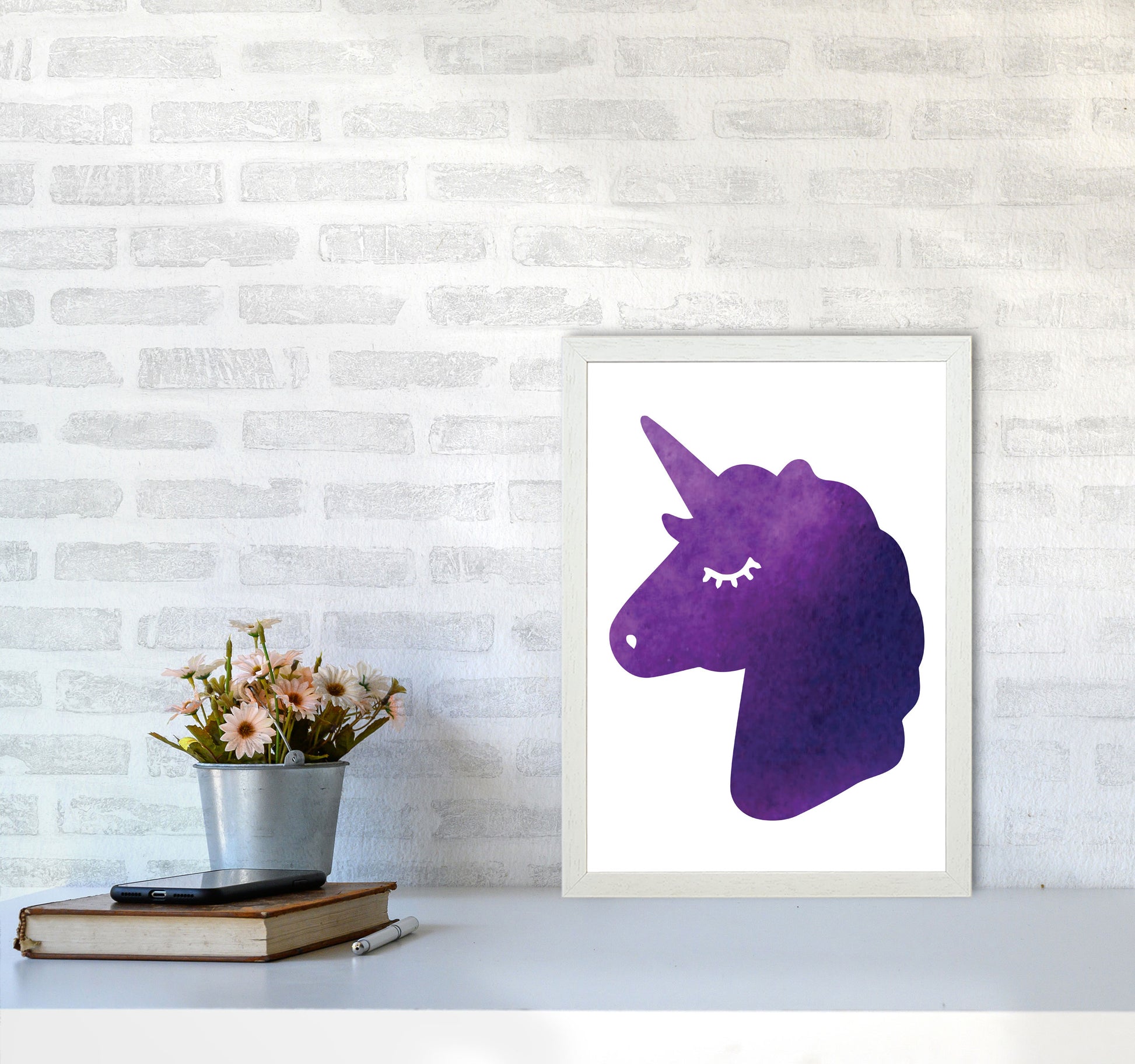 Unicorn Purple Silhouette Watercolour Modern Print A3 Oak Frame