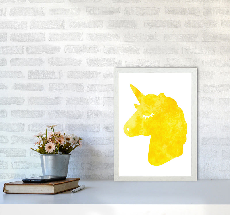 Unicorn Yellow Silhouette Watercolour Modern Print A3 Oak Frame