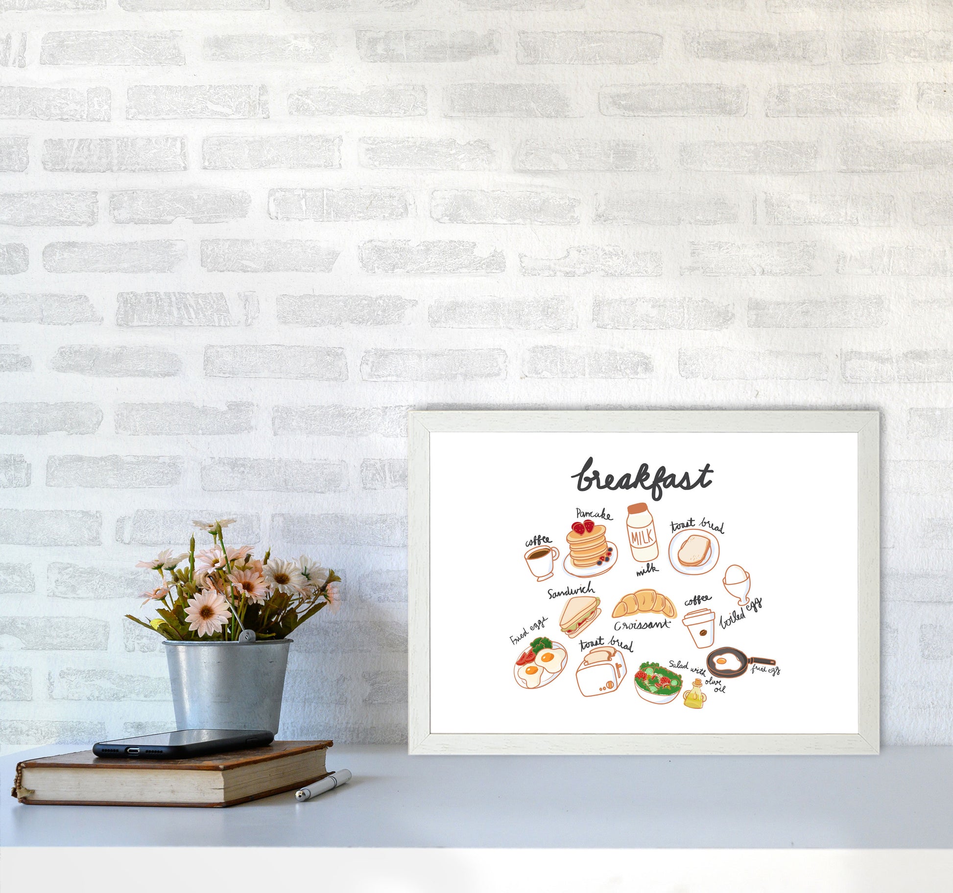 Breakfast Collection Landscape Modern Print, Framed Kitchen Wall Art A3 Oak Frame