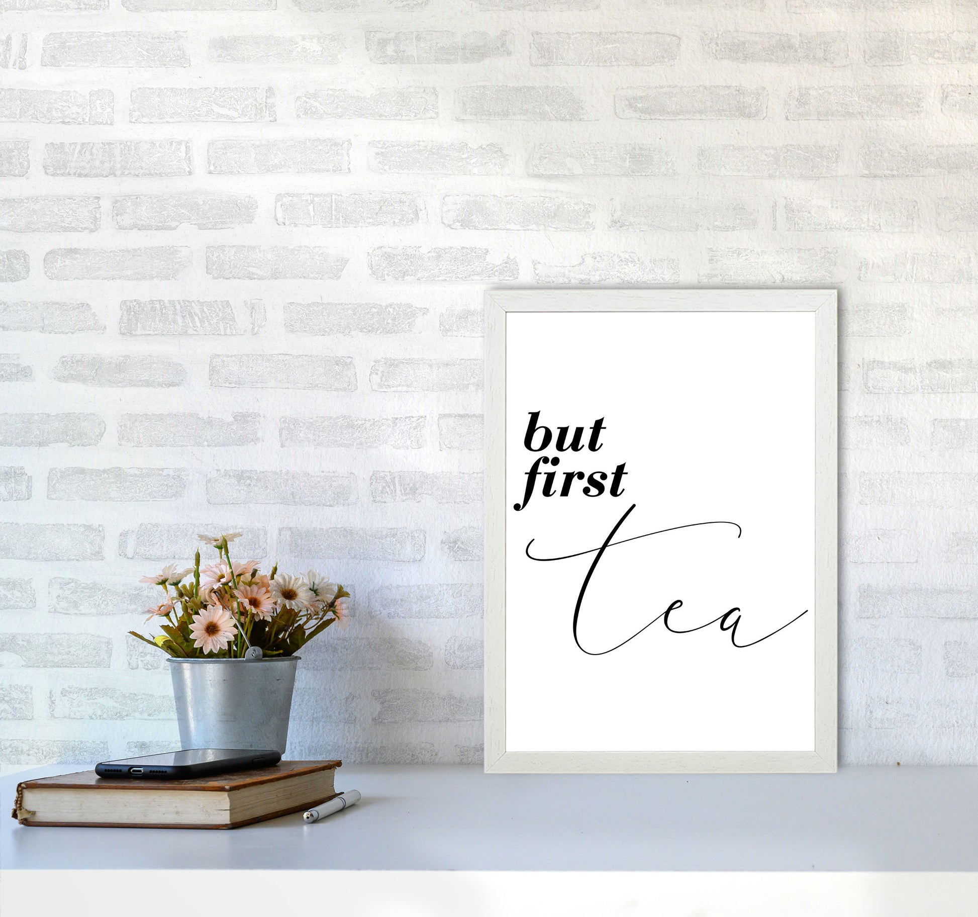 But First Tea Modern Print, Framed Kitchen Wall Art A3 Oak Frame