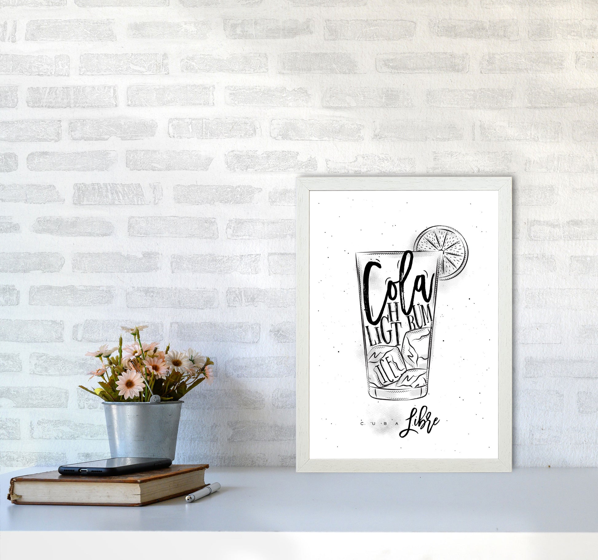 Cuba Libre Cocktail Modern Print, Framed Kitchen Wall Art A3 Oak Frame