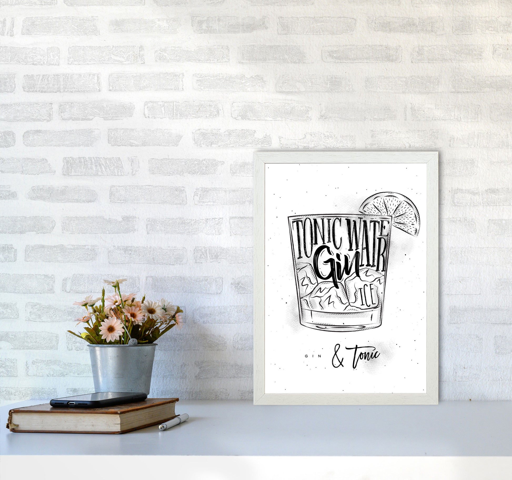 Gin And Tonic Modern Print, Framed Kitchen Wall Art A3 Oak Frame