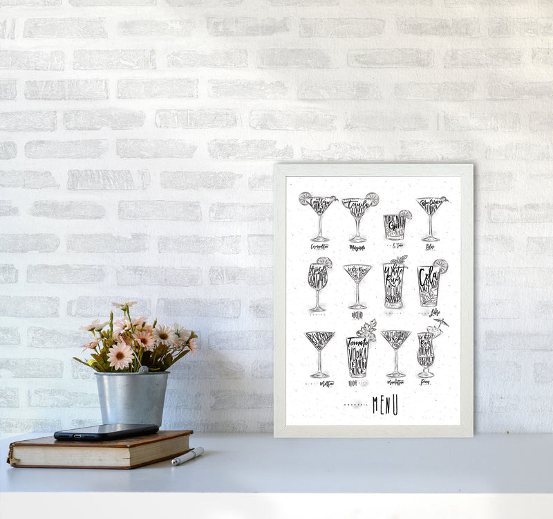 Cocktails Menu Modern Print, Framed Kitchen Wall Art A3 Oak Frame
