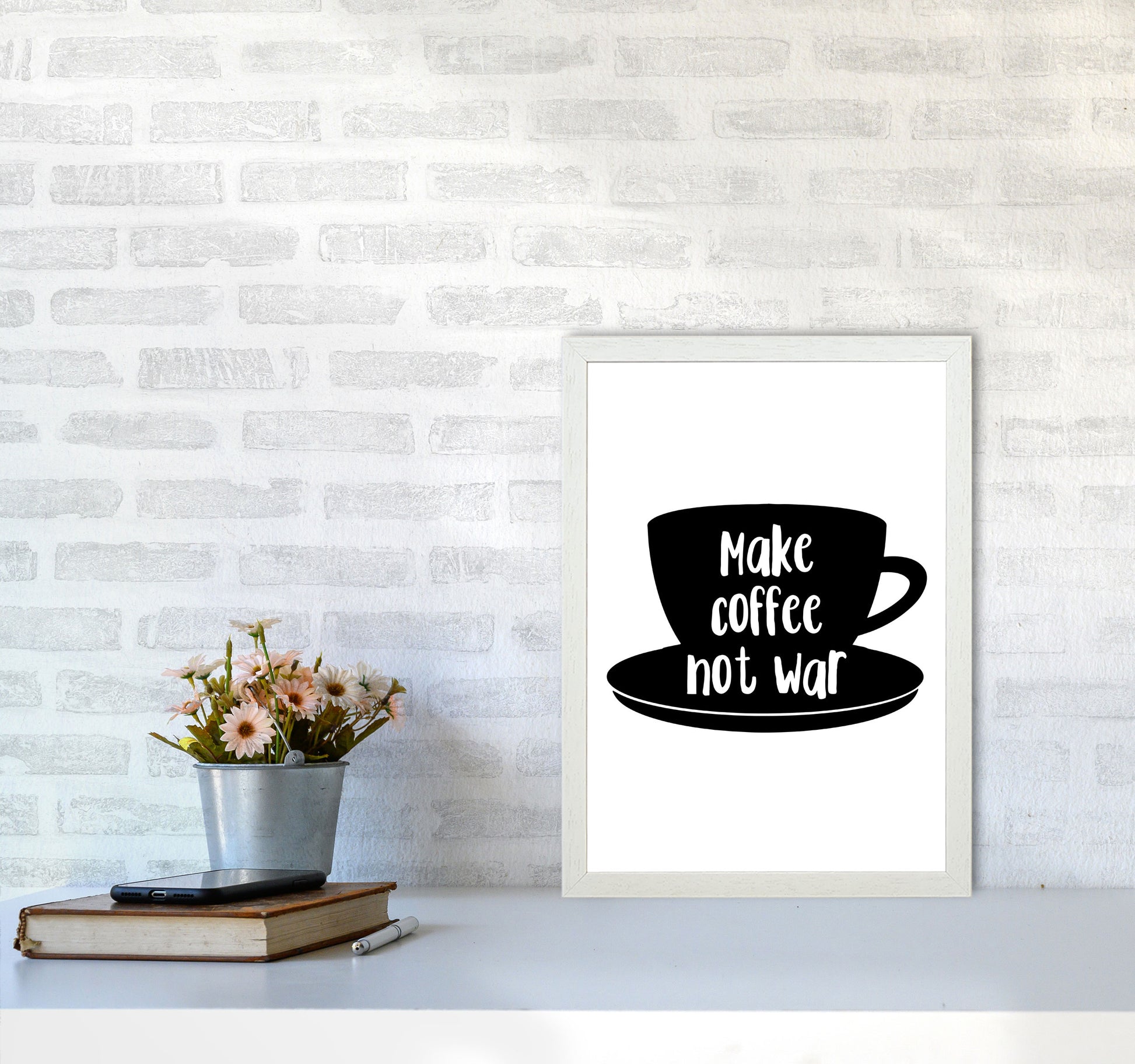Make Coffee Not War Modern Print, Framed Kitchen Wall Art A3 Oak Frame