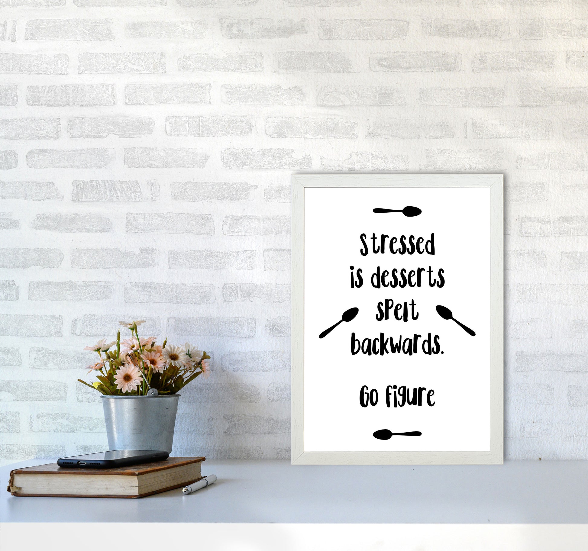 Stressed Is Desserts Spelled Backwards Modern Print, Framed Kitchen Wall Art A3 Oak Frame