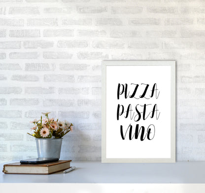 Pizza Pasta Vino Modern Print, Framed Kitchen Wall Art A3 Oak Frame