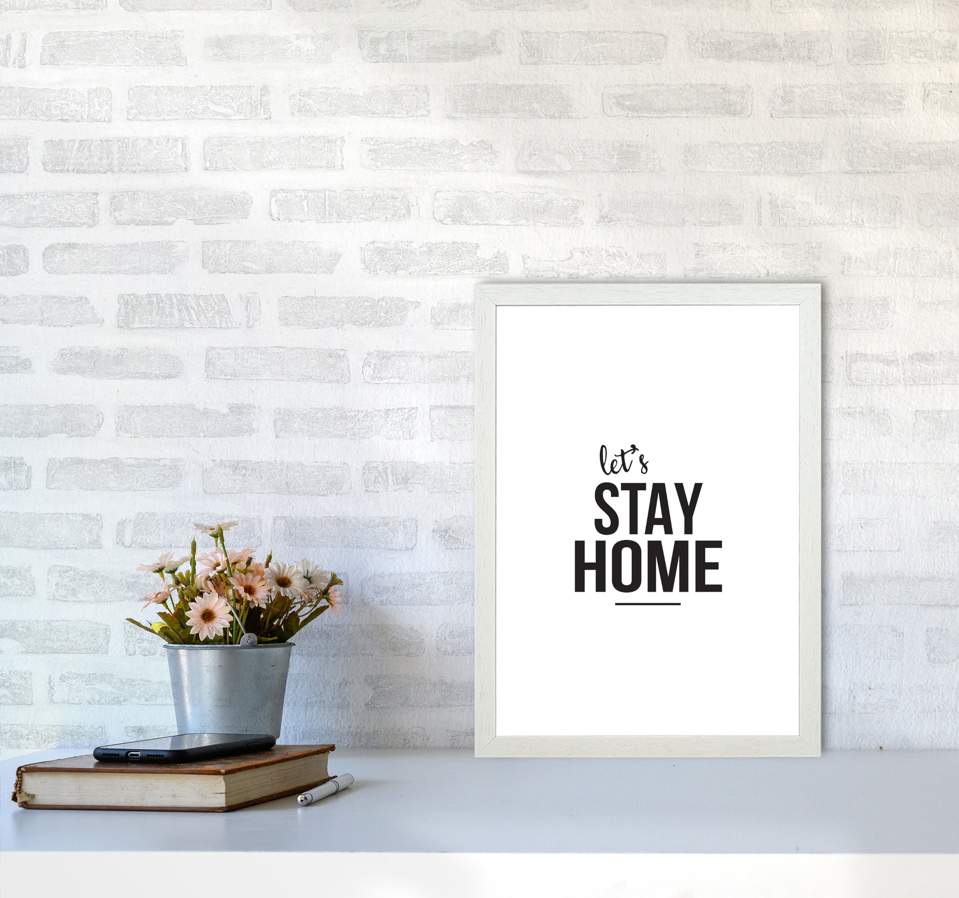 Let&#39;s Stay Home Framed Typography Wall Art Print A3 Oak Frame