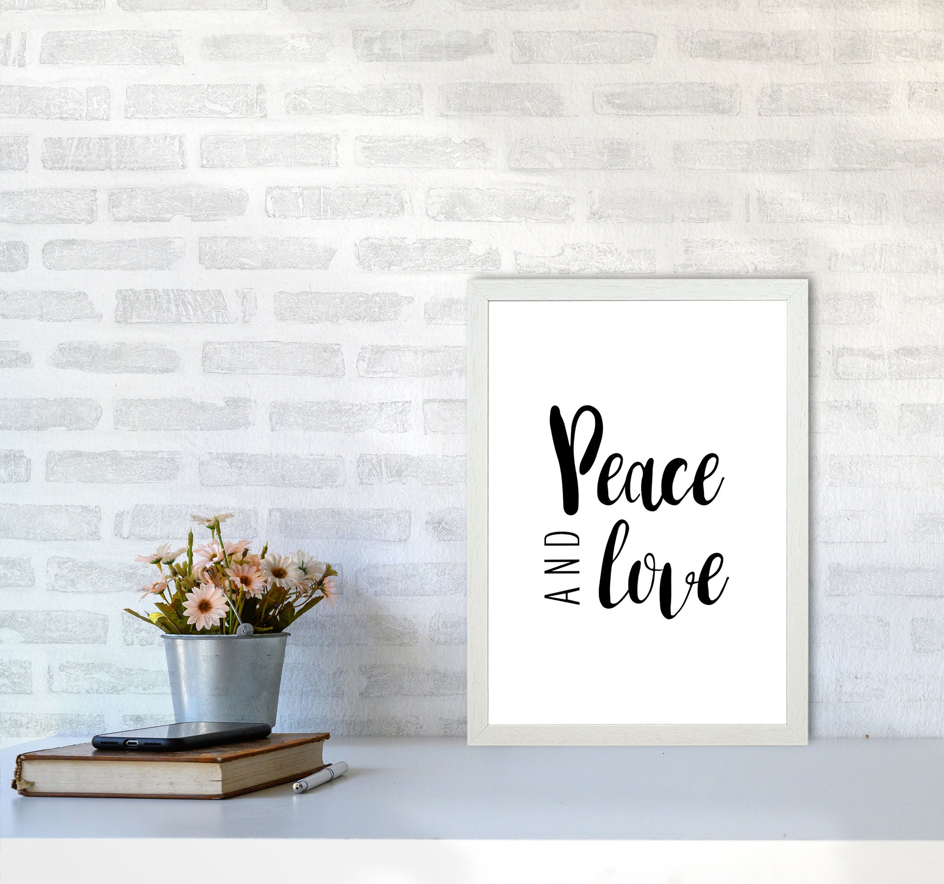 Peace And Love Framed Typography Wall Art Print A3 Oak Frame