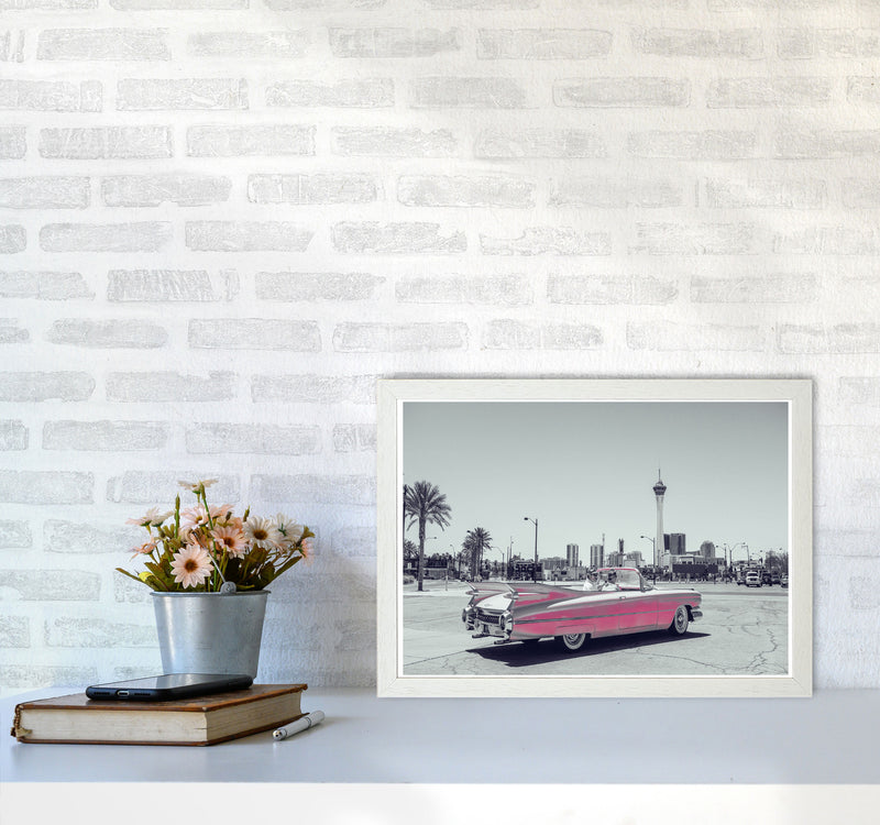 Retro Pink Car Modern Print A3 Oak Frame