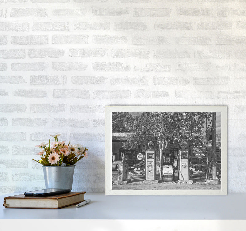 Retro Black And White Gas Pumps Modern Print A3 Oak Frame