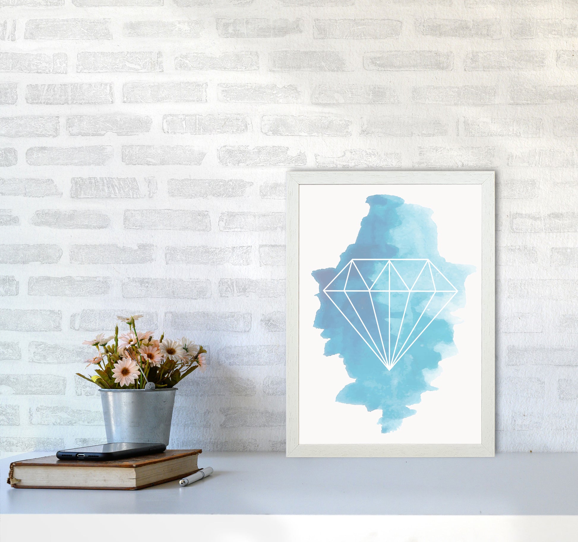 Geo Diamond Blue Watercolour Modern Print A3 Oak Frame