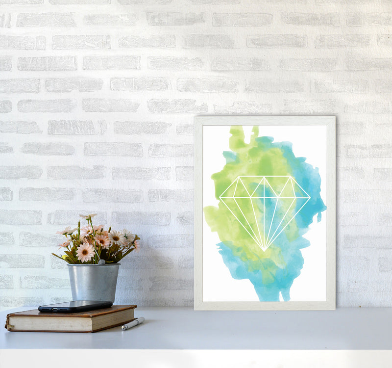 Geo Diamond Turquoise Multi Watercolour Modern Print A3 Oak Frame