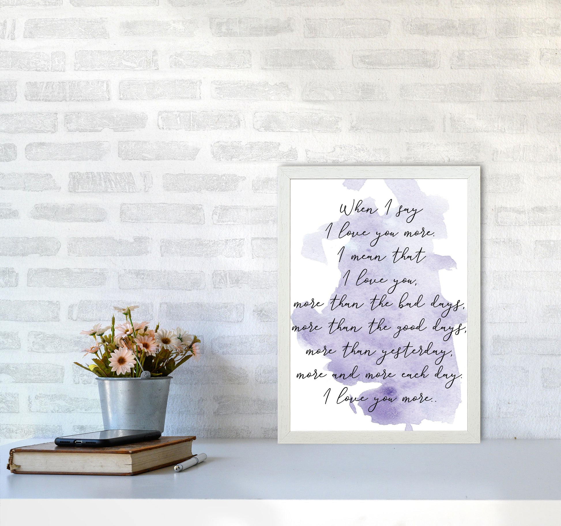 Love You More Purple Watercolour Modern Print A3 Oak Frame