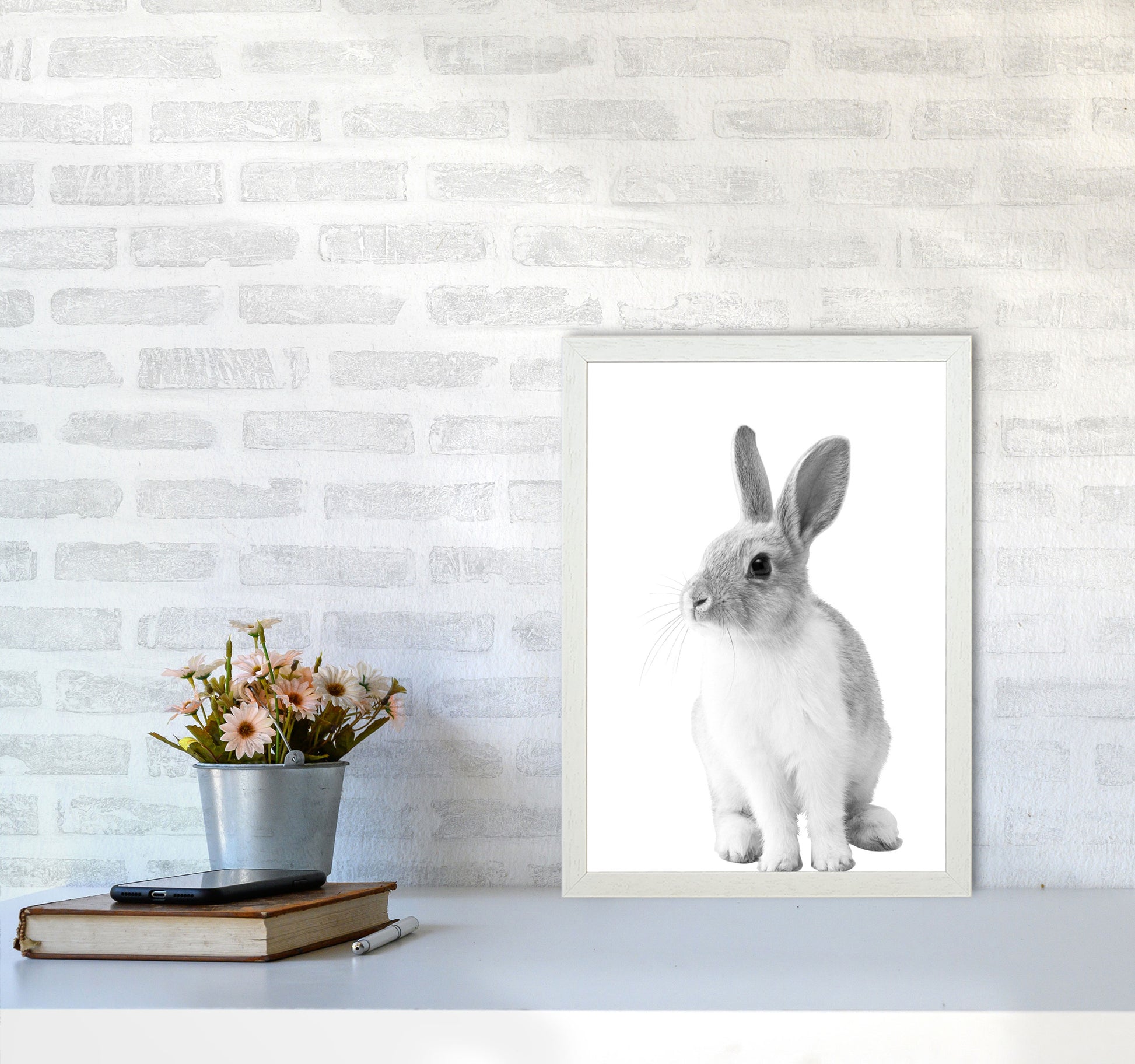 Black And White Bunny Modern Print Animal Art Print A3 Oak Frame