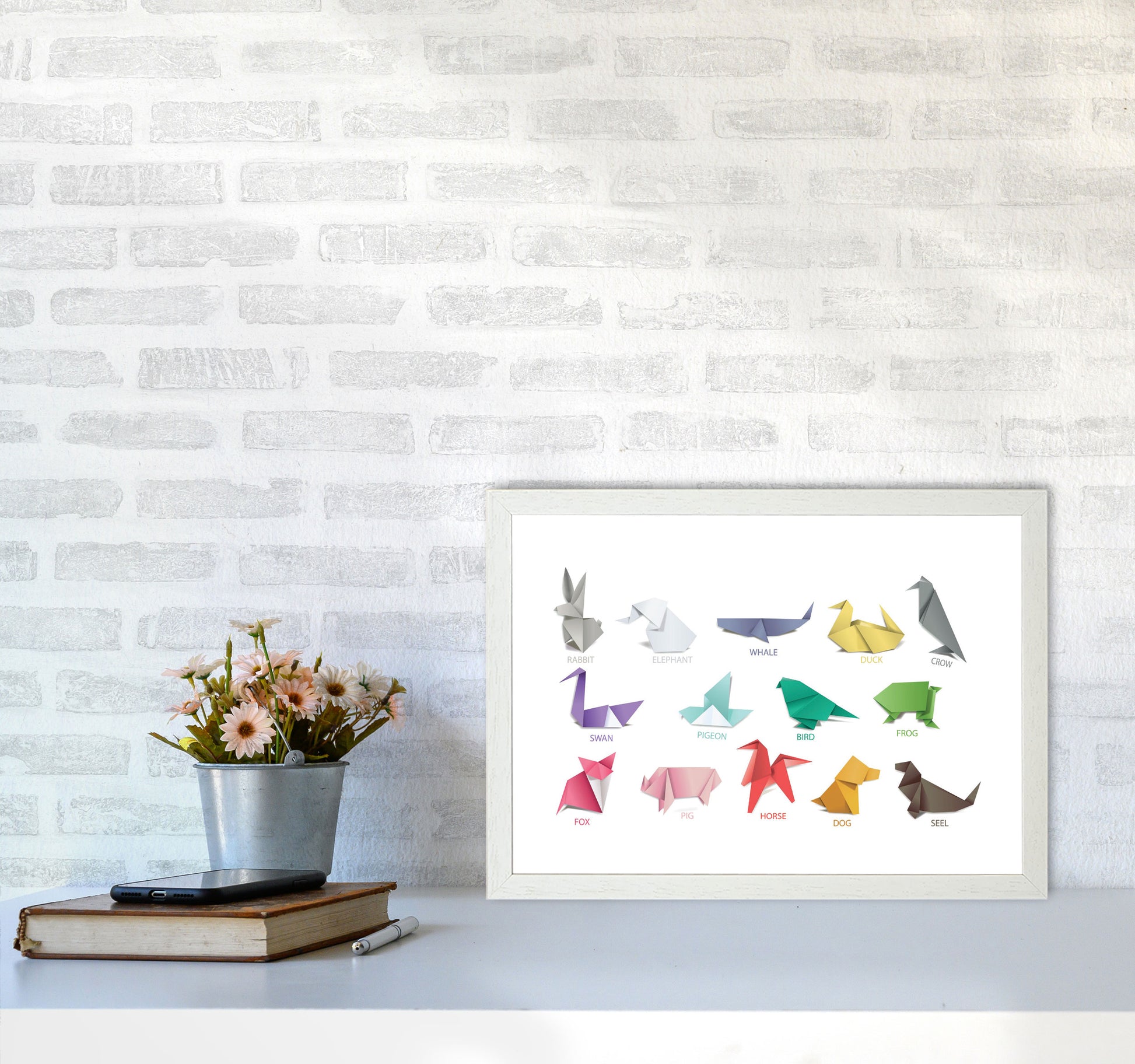 Origami Animals Modern Print A3 Oak Frame