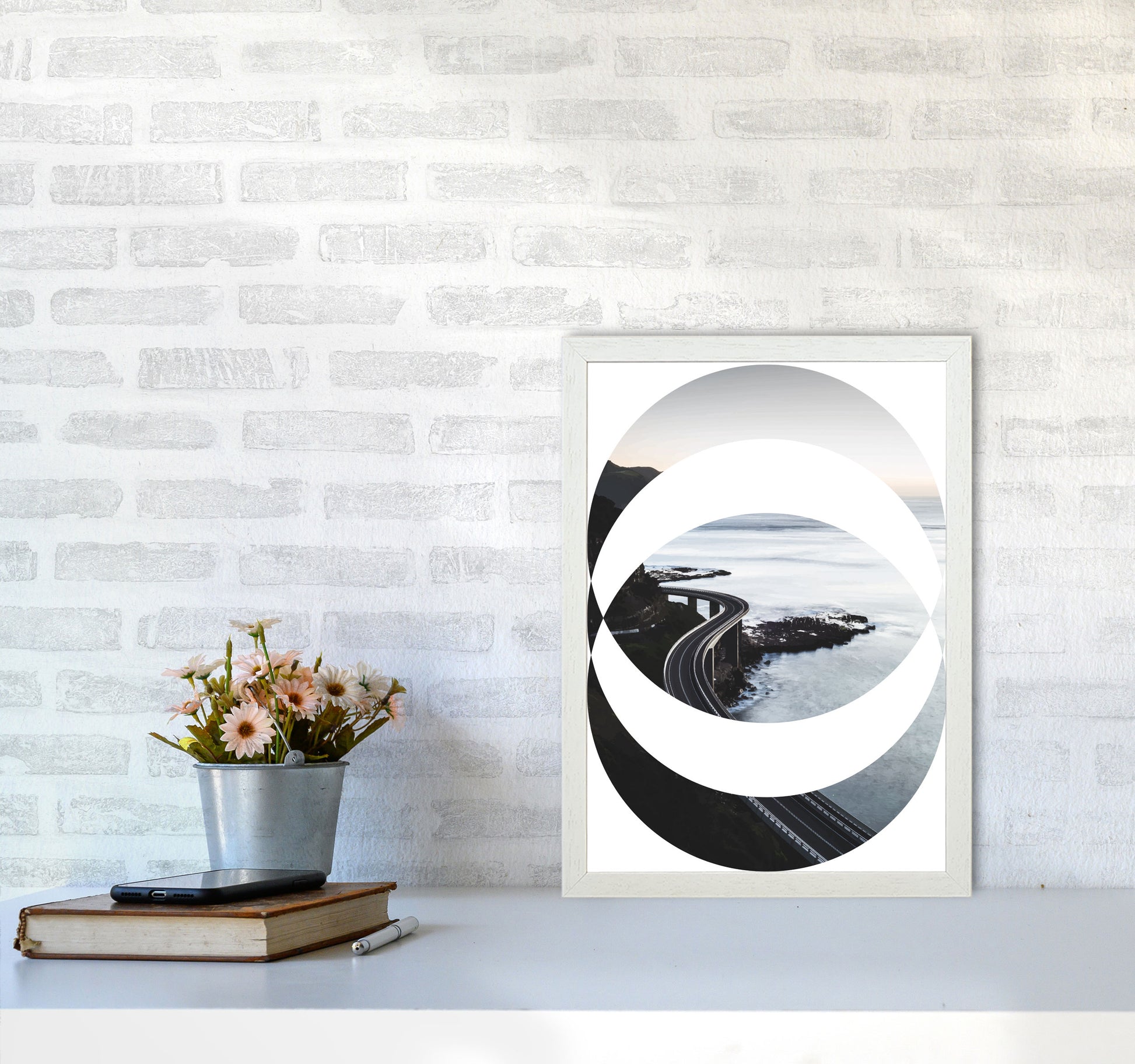 Black Road Oval Modern Print, Framed Botanical & Nature Art Print A3 Oak Frame