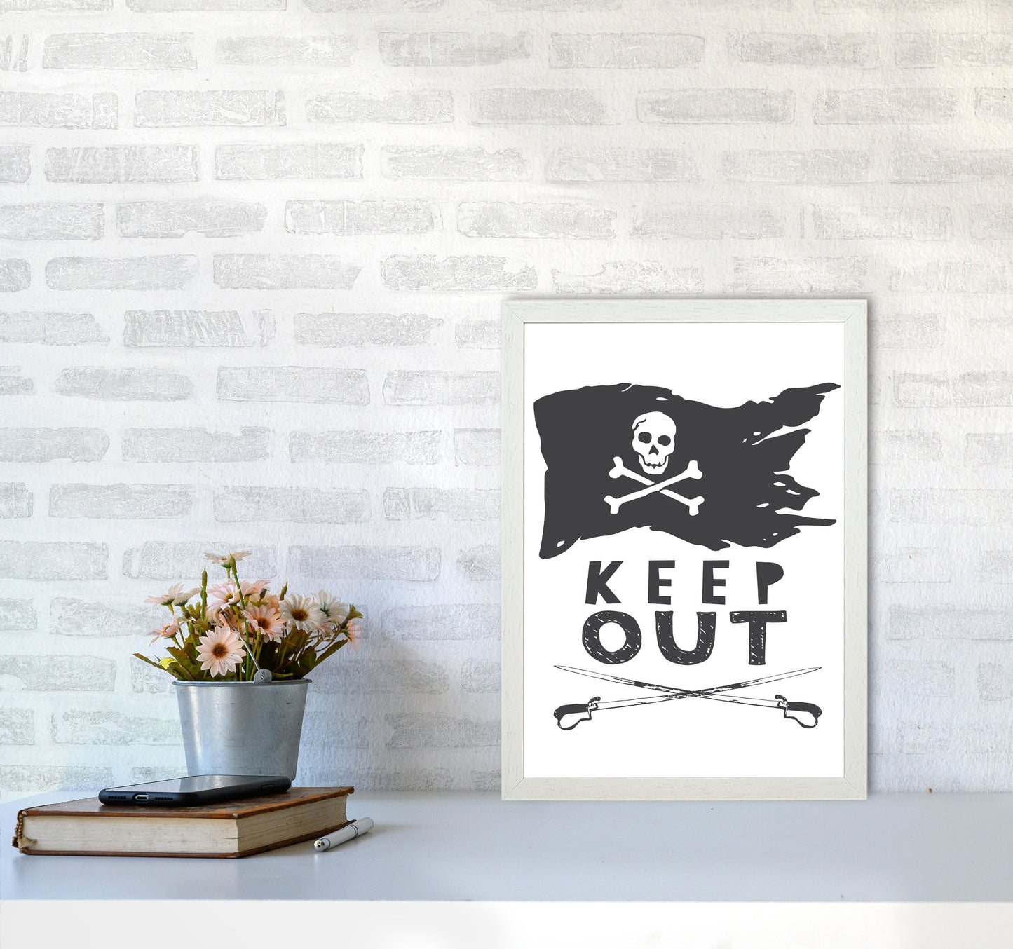 Pirate Keep Out Framed Nursey Wall Art Print A3 Oak Frame