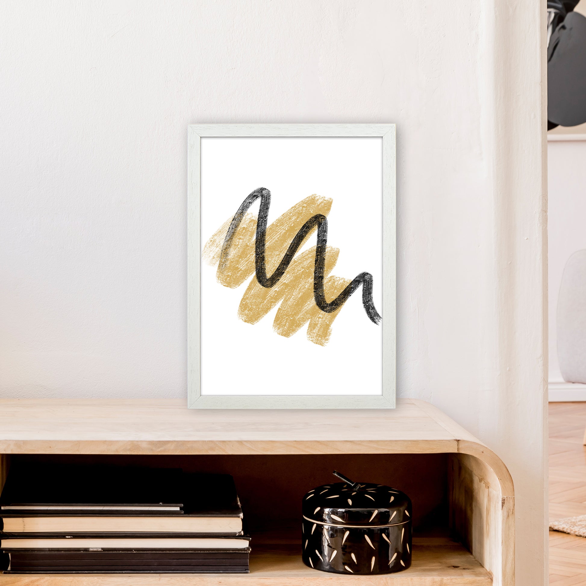 Dalia Chalk Gold And Black Scribbles  Art Print by Pixy Paper A3 Oak Frame