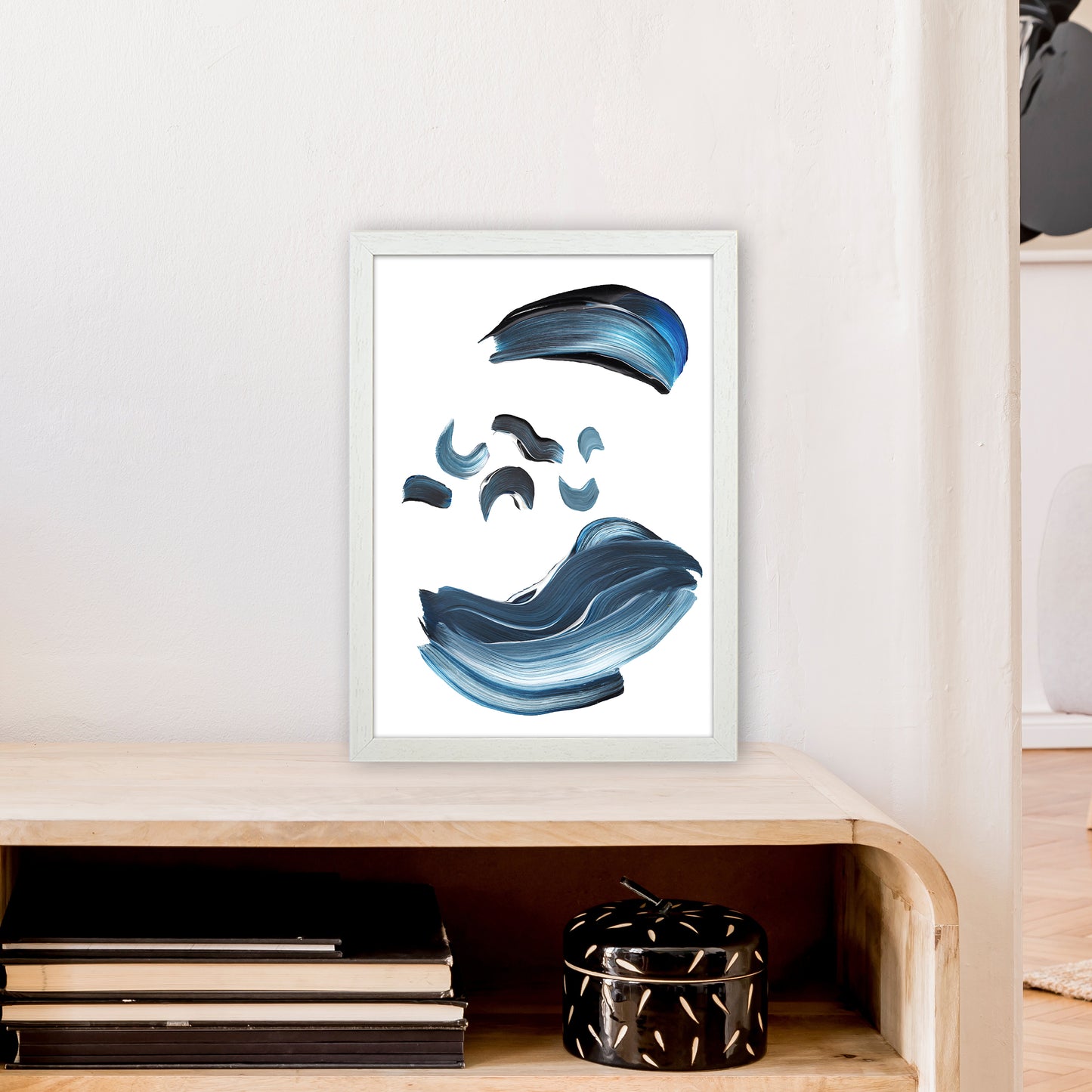 Dark Blue And Grey Paint Strokes  Art Print by Pixy Paper A3 Oak Frame