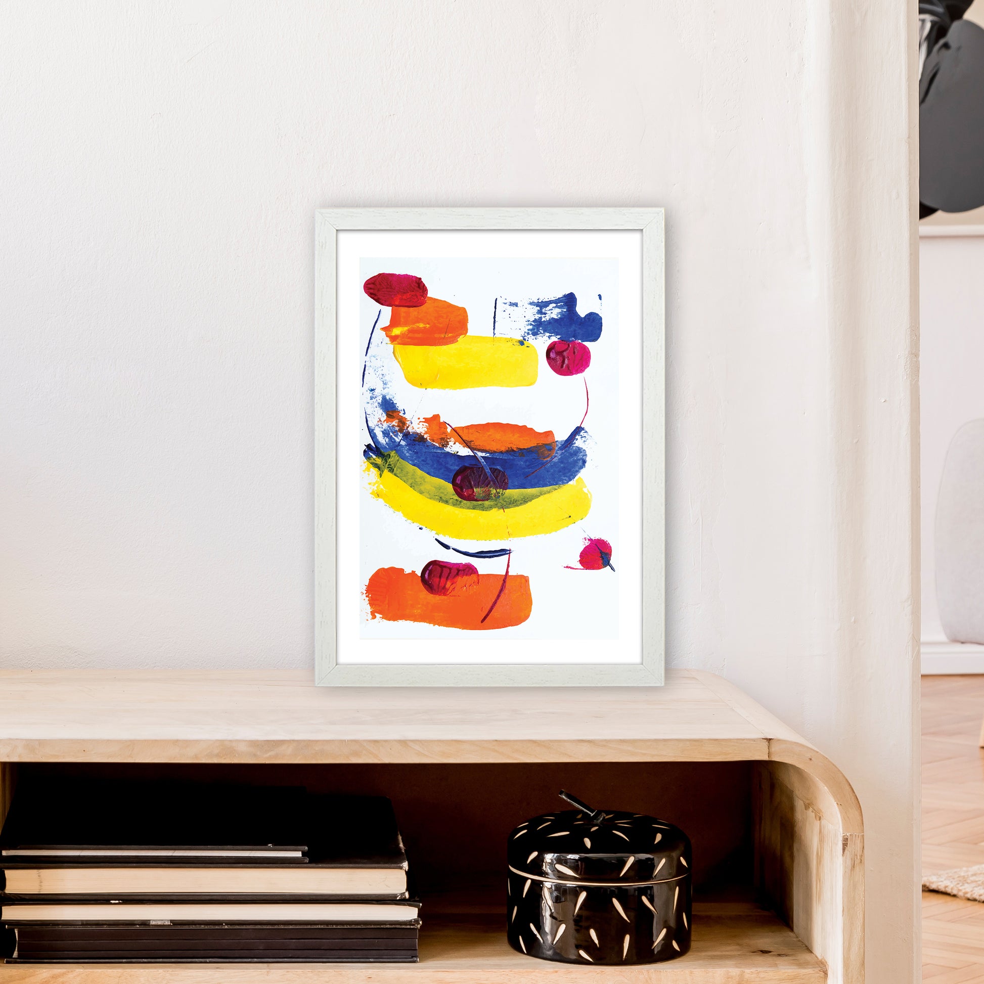 Bright Yellow Blue And Red Paint Strokes  Art Print by Pixy Paper A3 Oak Frame