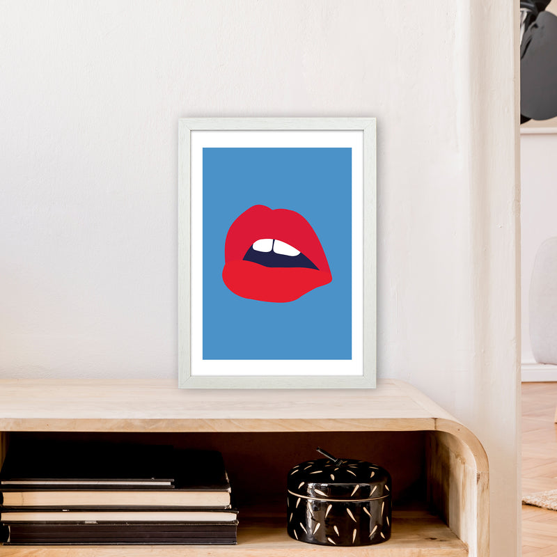 Red Lips Blue Back  Art Print by Pixy Paper A3 Oak Frame