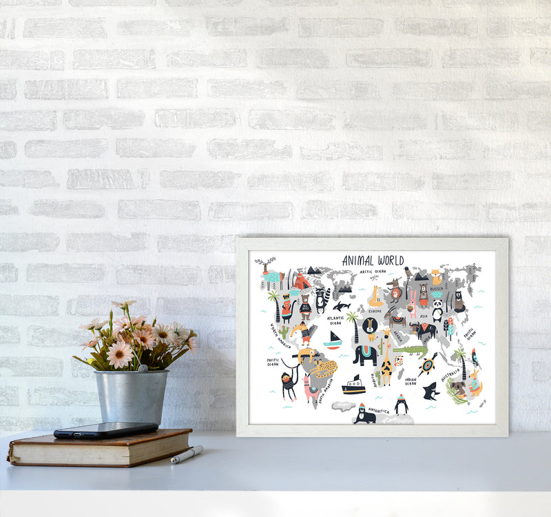 Animal World Map  Art Print by Pixy Paper A3 Oak Frame