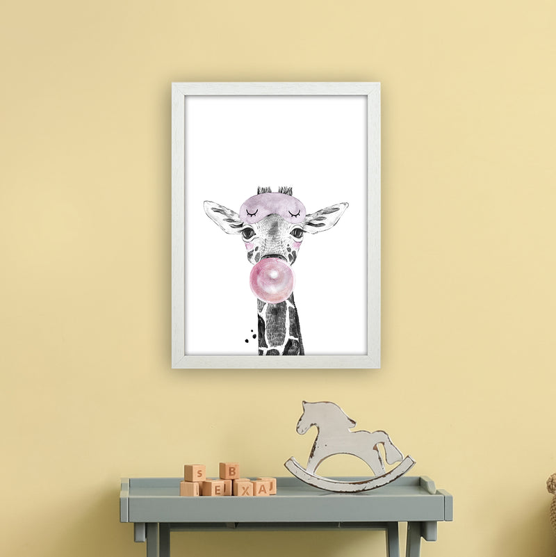 Safari Babies Giraffe With Bubble  Art Print by Pixy Paper A3 Oak Frame