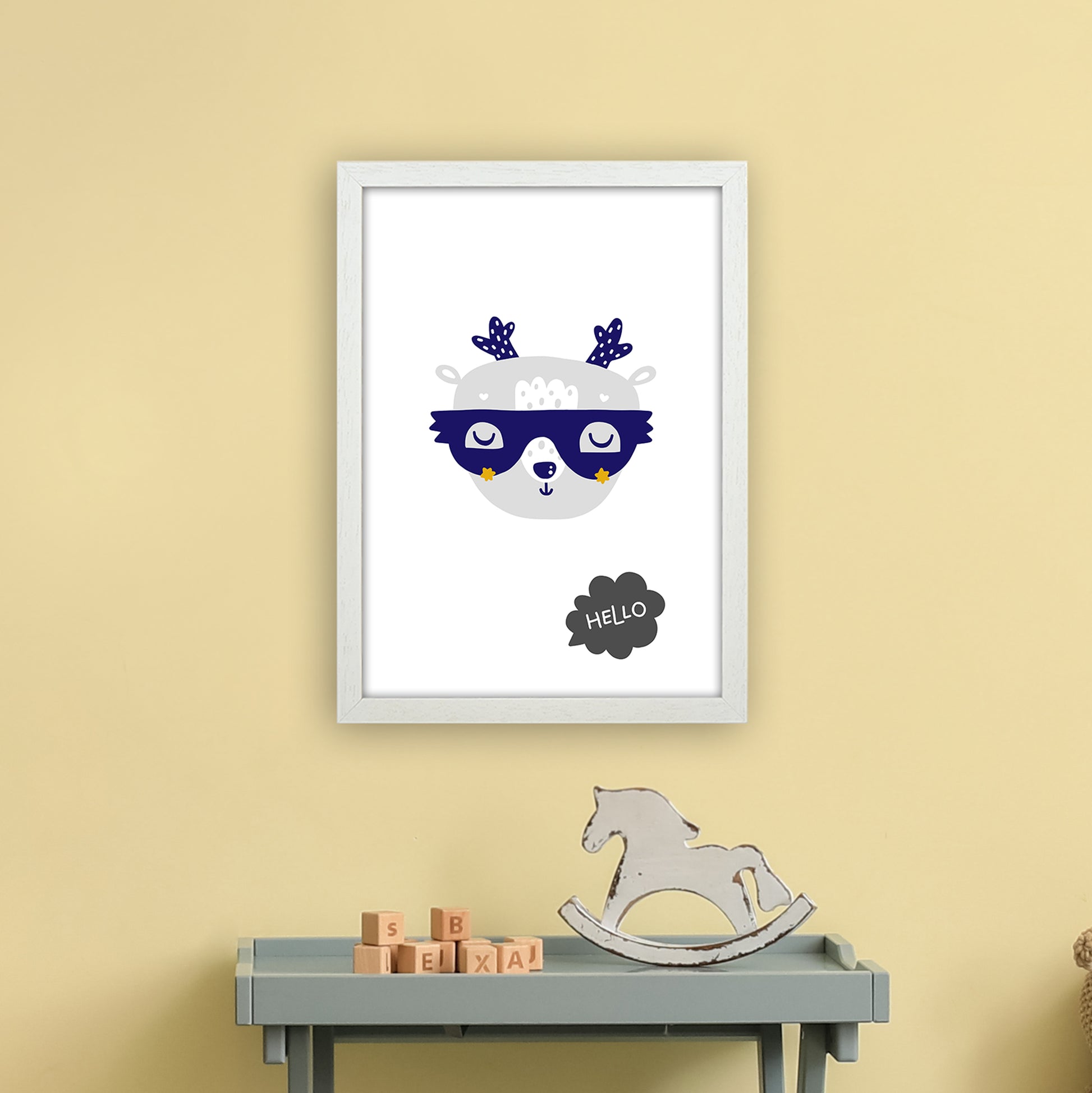 Hello Animal Navy Uper Scandi  Art Print by Pixy Paper A3 Oak Frame