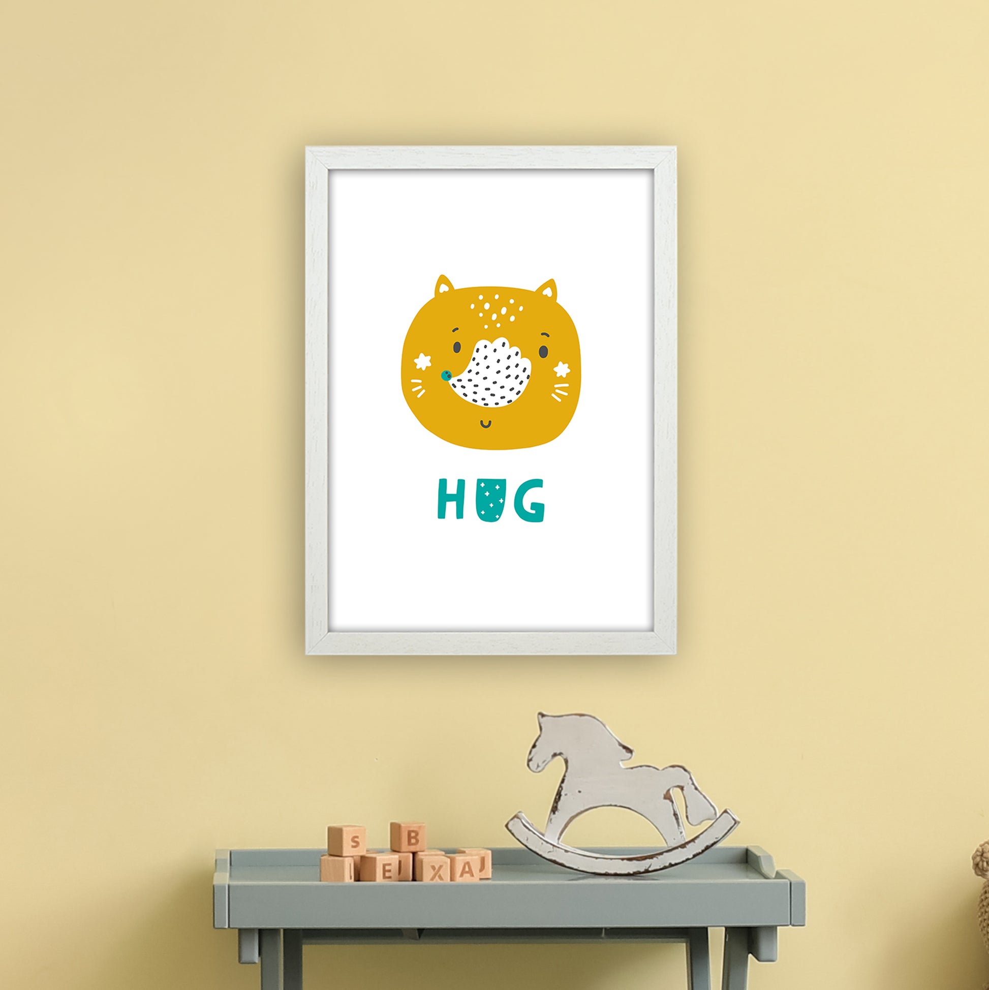 Fox Hug Teal Super Scandi  Art Print by Pixy Paper A3 Oak Frame