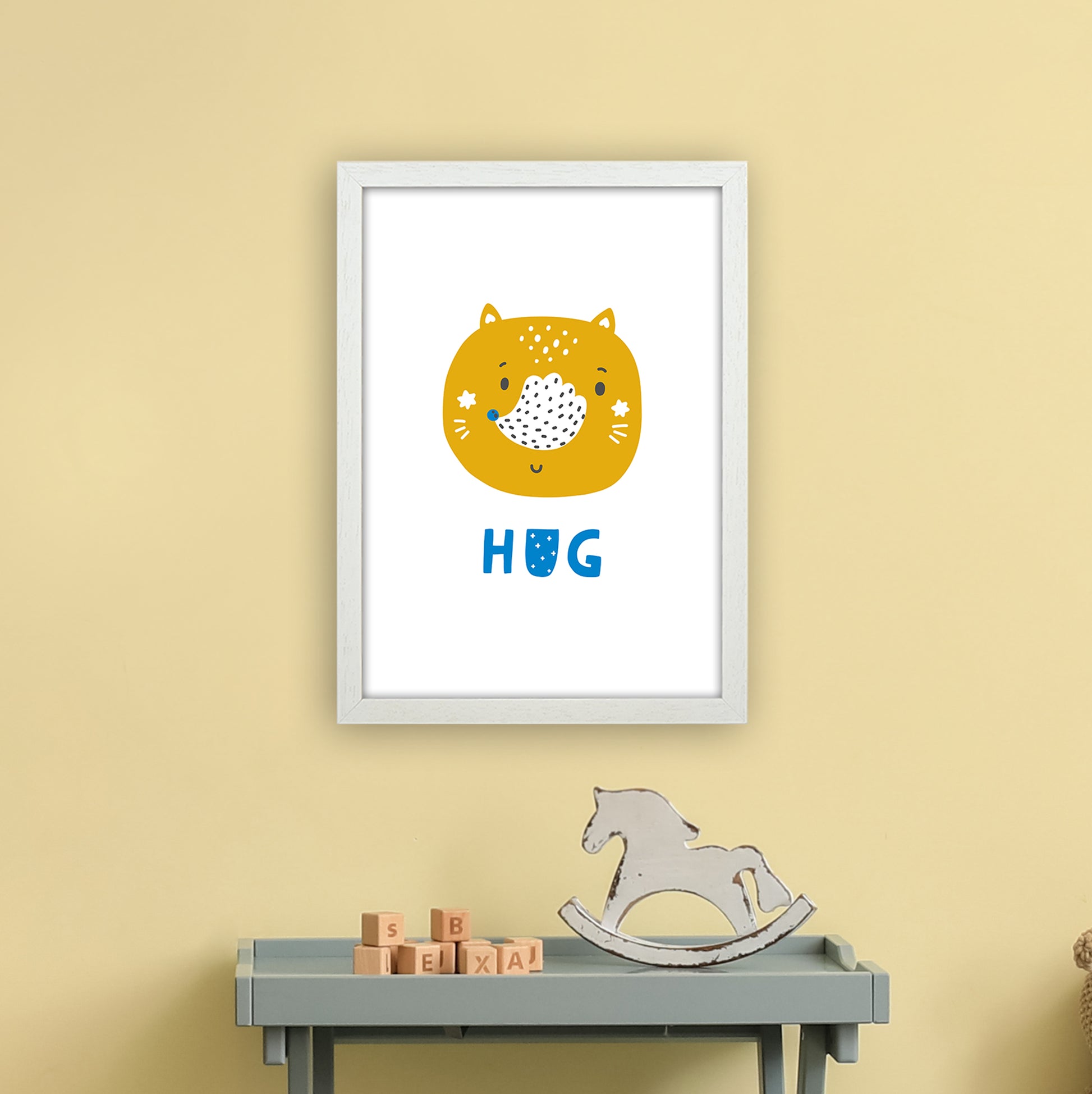 Fox Hug Blue Super Scandi  Art Print by Pixy Paper A3 Oak Frame