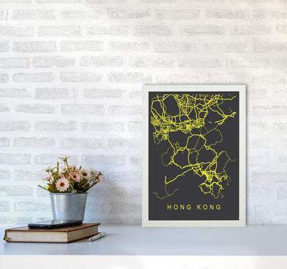 Hong Kong Map Neon Art Print by Pixy Paper A3 Oak Frame