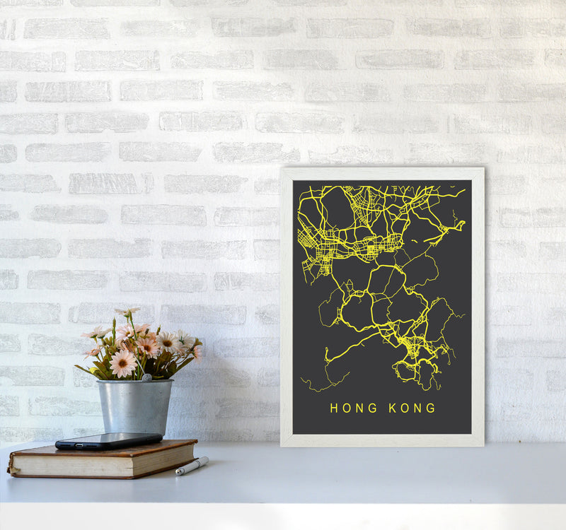 Hong Kong Map Neon Art Print by Pixy Paper A3 Oak Frame