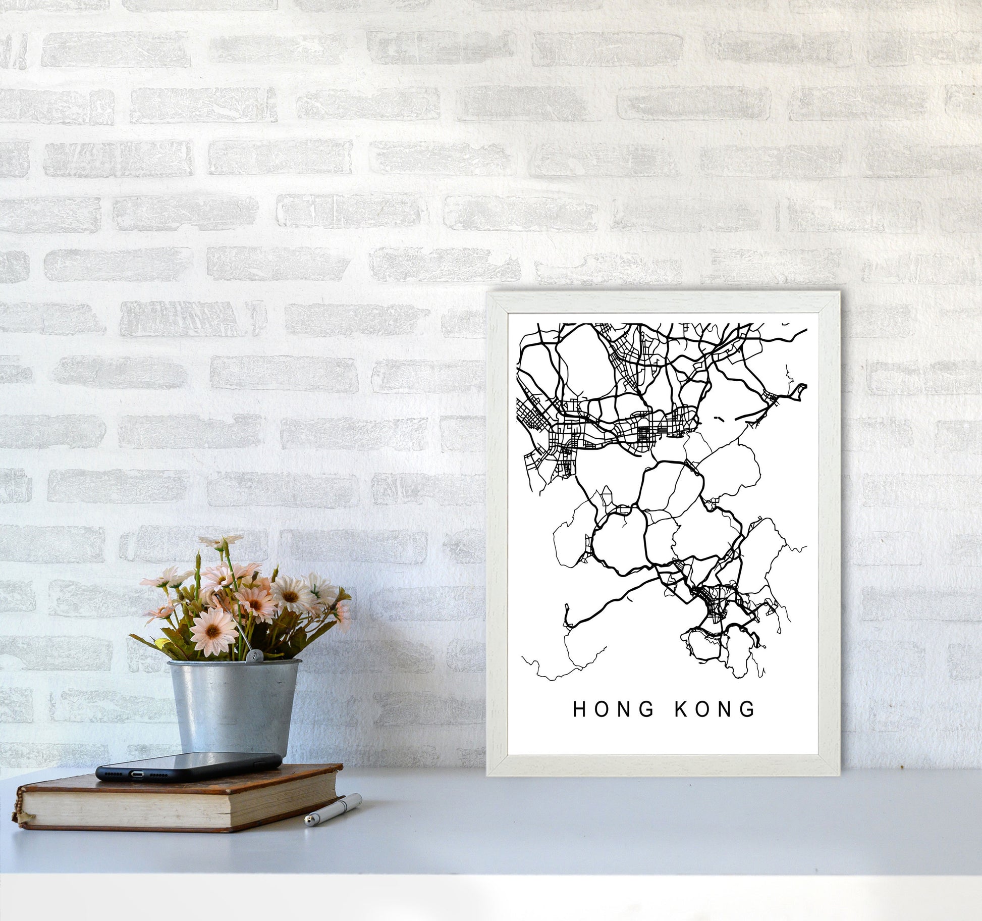 Hong Kong Map Art Print by Pixy Paper A3 Oak Frame