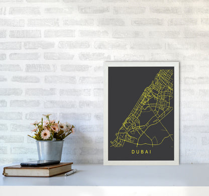 Dubai Map Neon Art Print by Pixy Paper A3 Oak Frame