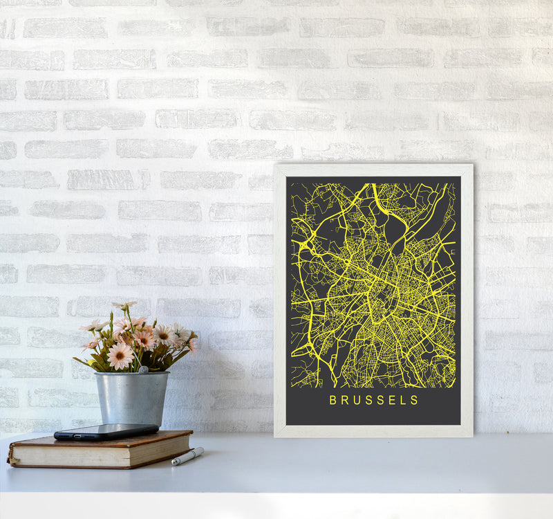 Brussels Map Neon Art Print by Pixy Paper A3 Oak Frame