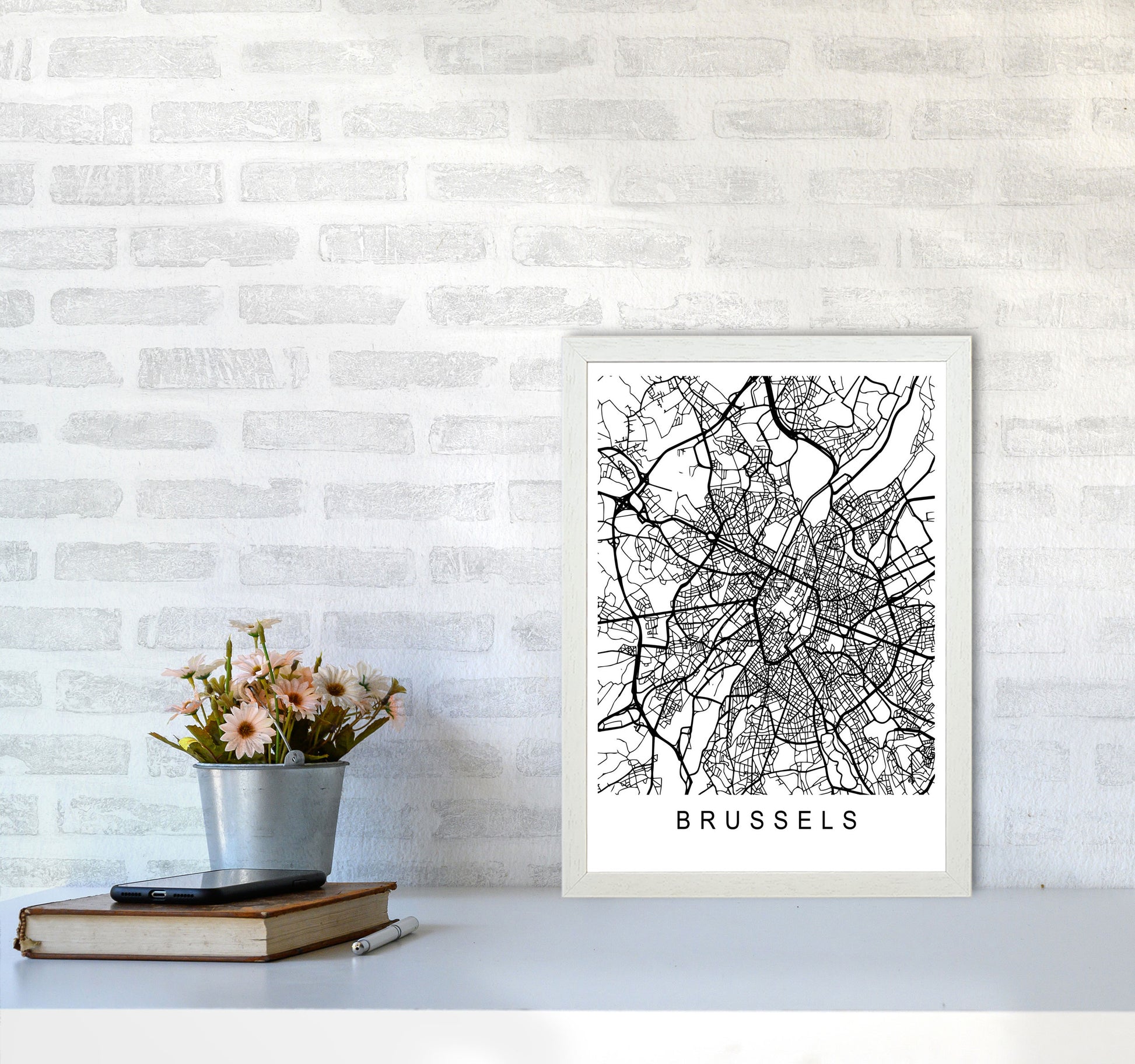 Brussels Map Art Print by Pixy Paper A3 Oak Frame