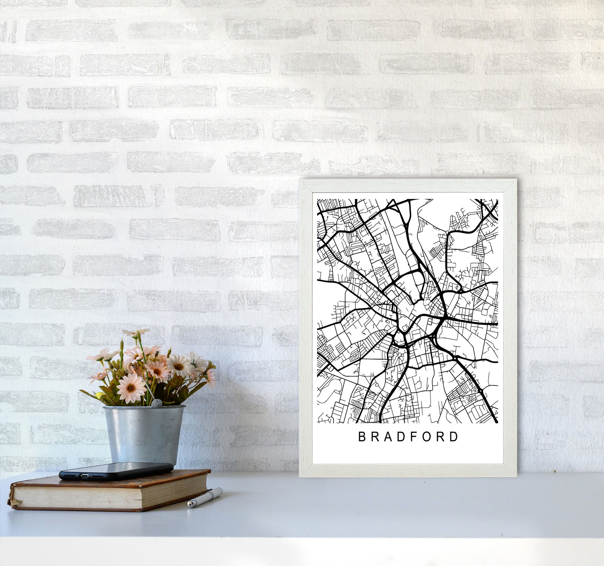 Bradford Map Art Print by Pixy Paper A3 Oak Frame