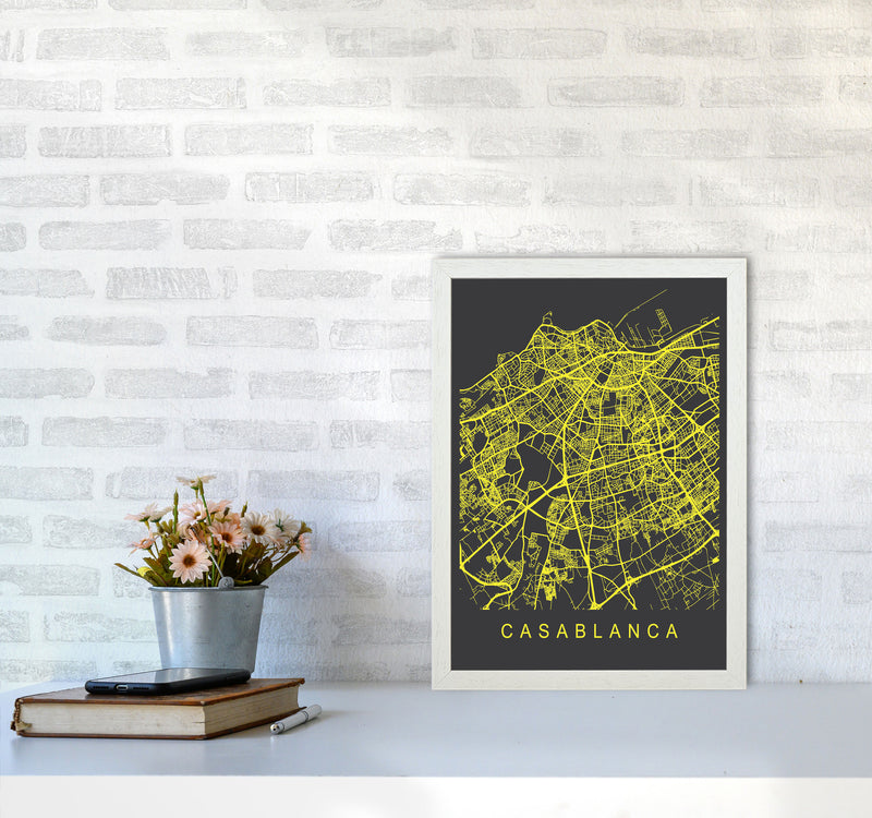 Casablanca Map Neon Art Print by Pixy Paper A3 Oak Frame