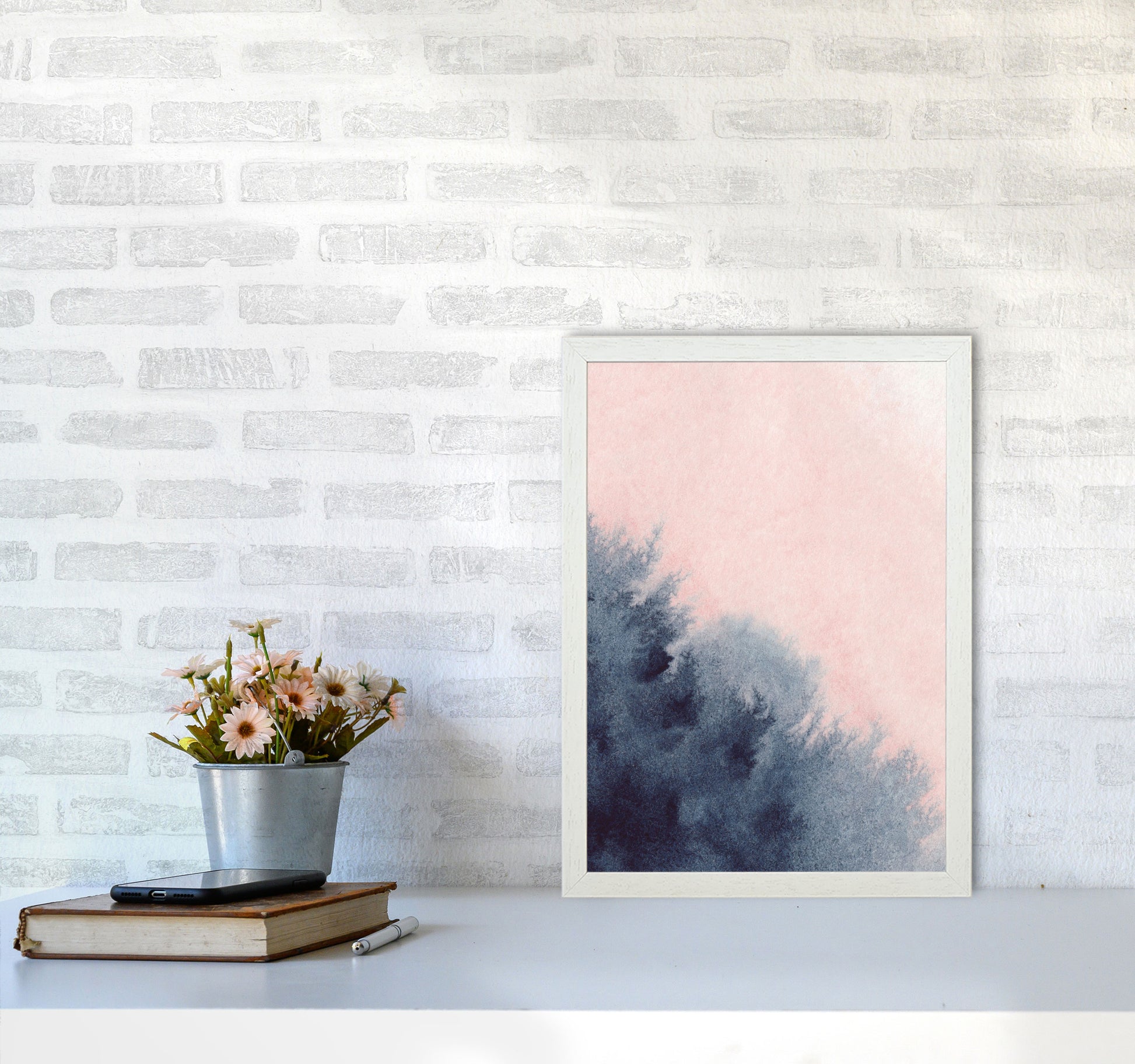 Sand Pink and Navy Watercolour 03 Art Print by Pixy Paper A3 Oak Frame