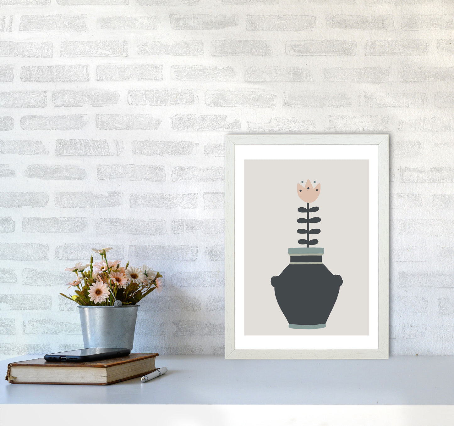 Inspired Plant Pot Stone Art Print by Pixy Paper A3 Oak Frame