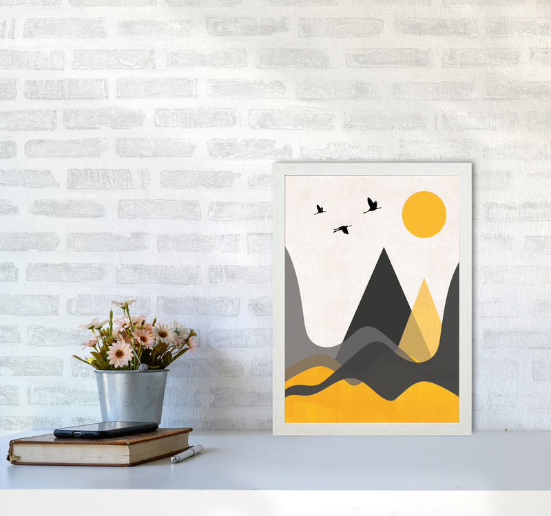 Hills and mountains mustard Art Print by Pixy Paper A3 Oak Frame