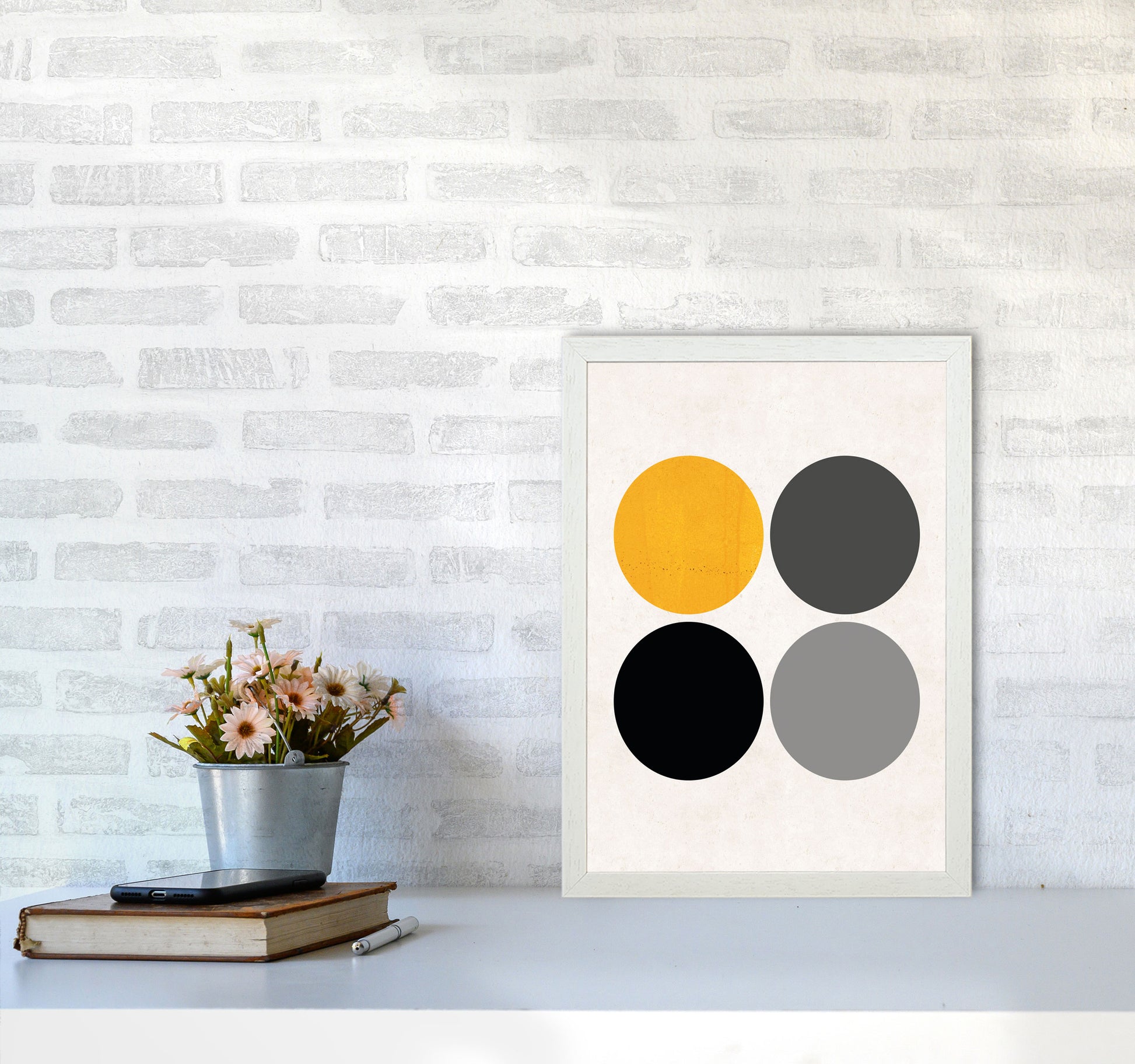 Circles Mustard Art Print by Pixy Paper A3 Oak Frame