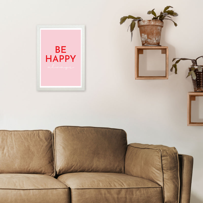 Be Happy Pink Art Print by Pixy Paper A3 Oak Frame
