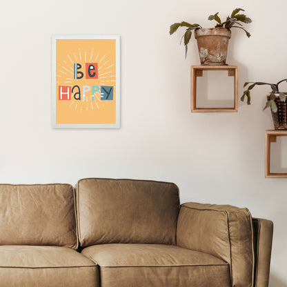 Be happy Neutral kids Art Print by Pixy Paper A3 Oak Frame